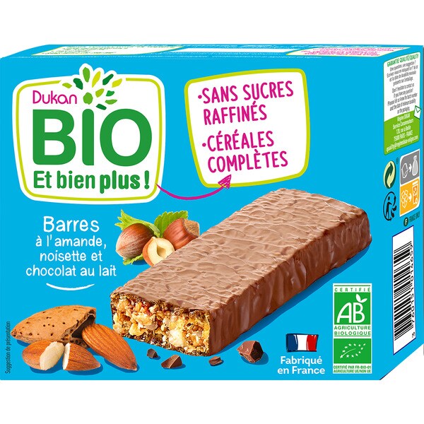 Buy Bio organic bars with almonds, hazelnuts and milk chocolate container 120 g · DUKAN