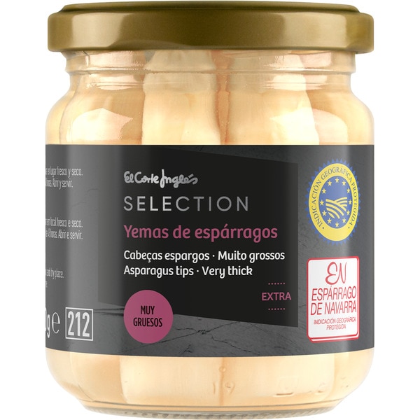 EL CORTE INGLES SELECTION yemas de espárragos blancos muy gruesos IGP de Navarra 6-12 piezas frasco 110 g neto escurrido