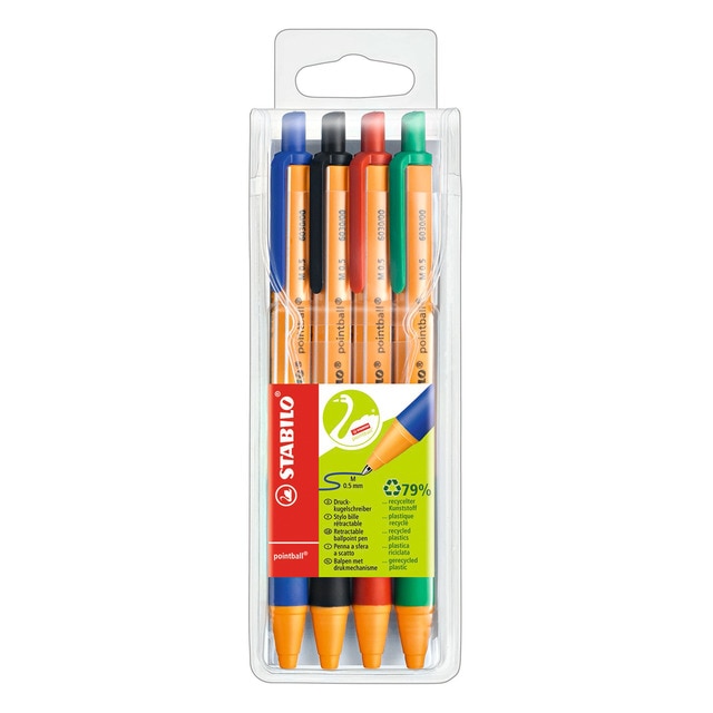 Bolígrafo Retráctil Stabilo pointball Estuche 4 Unidades Azul, Negro, Rojo y Verde..