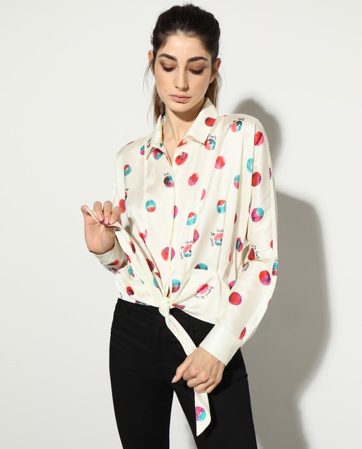 planet print blouse with front knot 