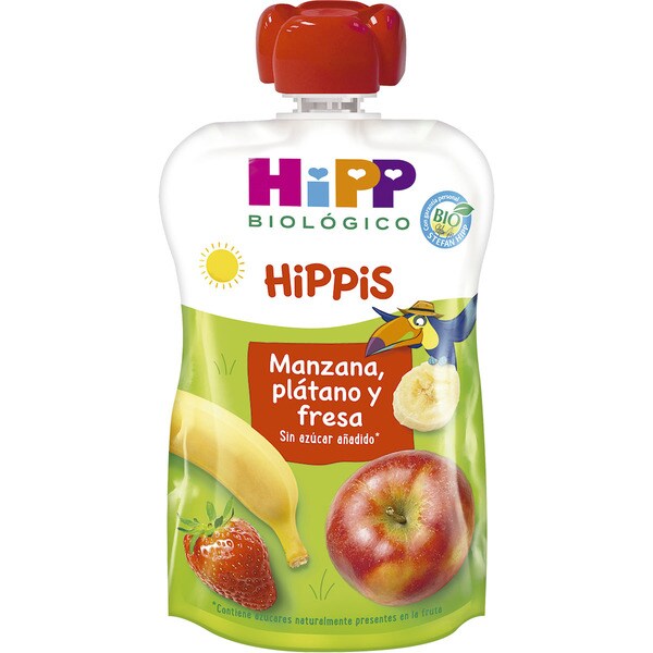 HIPP BIOLOGICO manzana, plátano y fresa ecológico desde 4 meses bolsita 100 g sin azúcar añadido