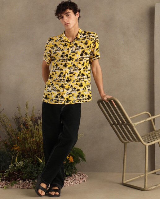 mens yellow print dress shirt