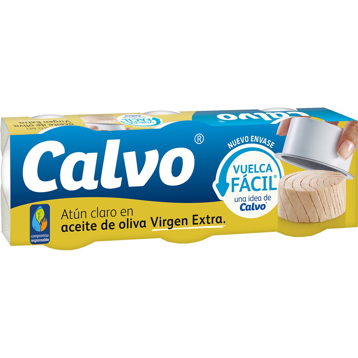 Atún claro en aceite de oliva virgen extra vuelca fácil pack 3 lata 52 g neto escurrido - Calvo