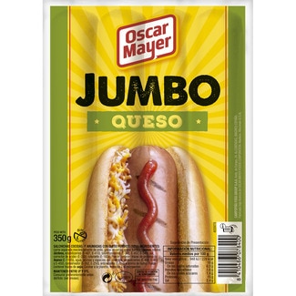 OSCAR MAYER Jumbo salchichas cocidas y ahumadas de cerdo y pollo con queso fundido sin gluten 4 piezas envase 350 g