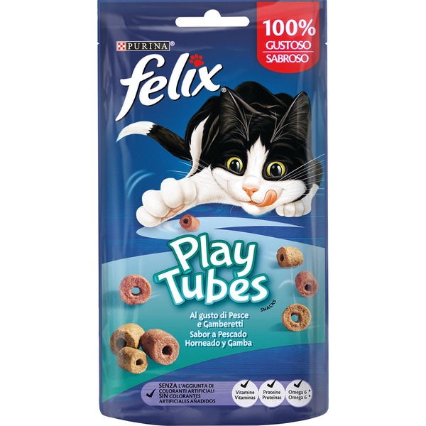 Play Tubes cat snacks with fish and prawns container 50 g