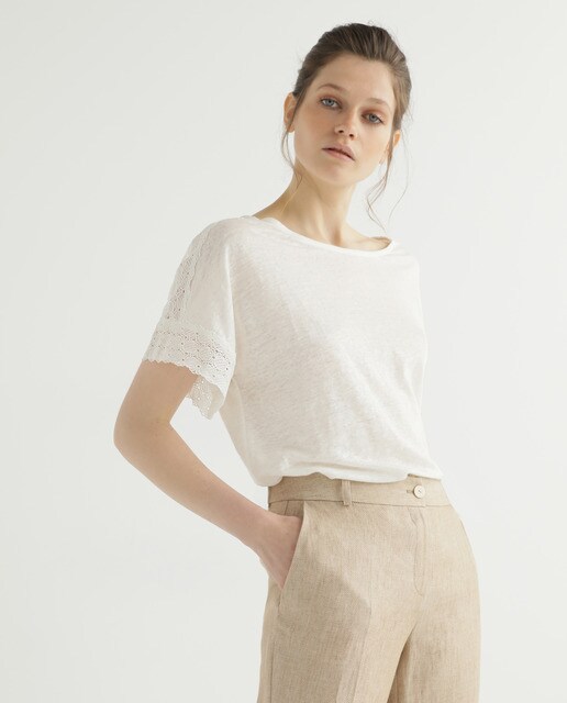 Women's linen Tshirt with lace on sleeves · Fashion · El Corte Inglés