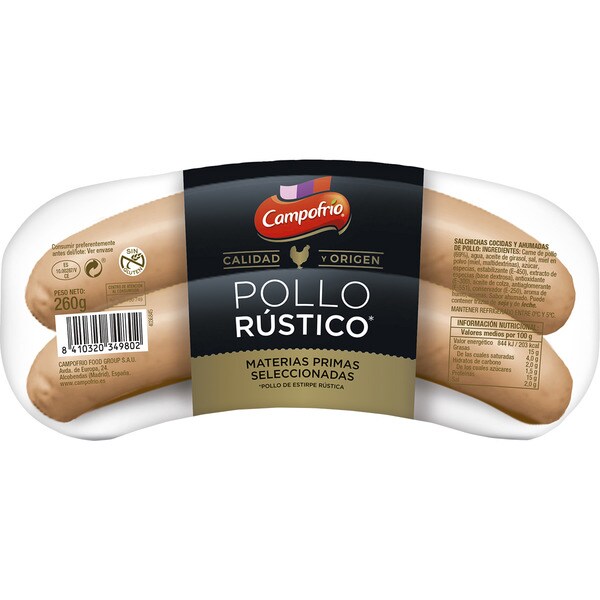 CAMPOFRIO Rústico salchichas cocidas y ahumadas de pollo sin gluten 3 piezas envase 260 g