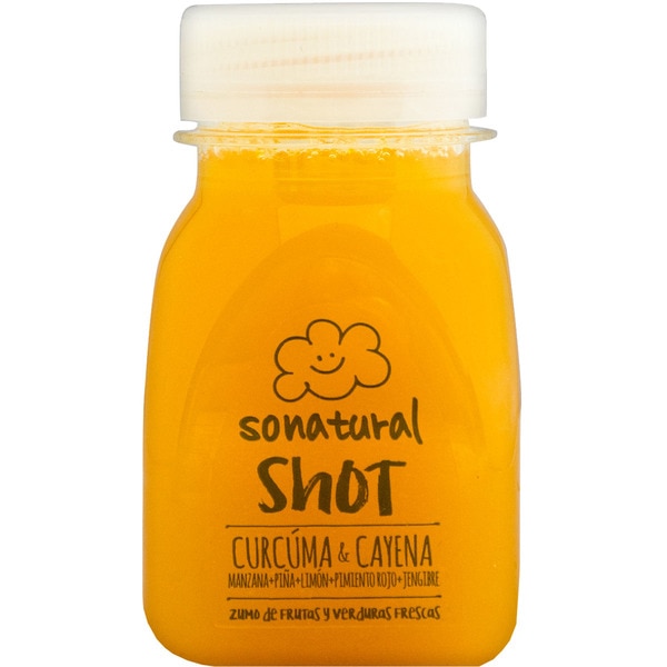 SONATURAL SHOT zumo de frutas y verduras frescas curcúma y cayena botella 125 ml