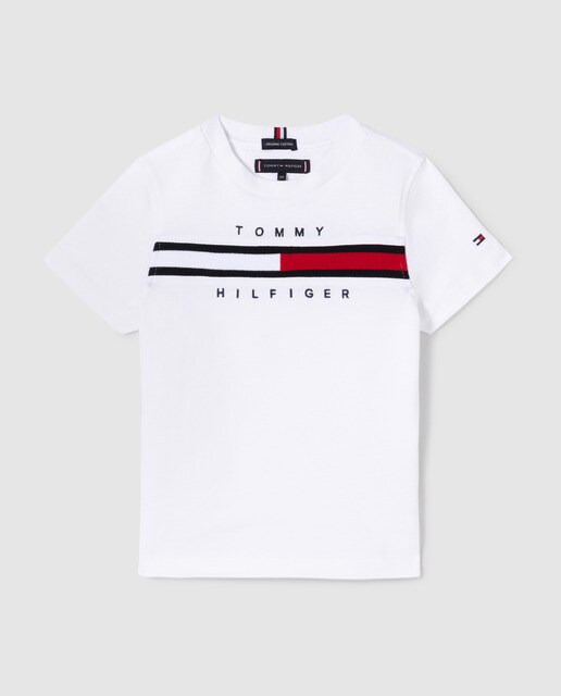 Boys' white Tshirt with short sleeves and embroidered logo. · Children