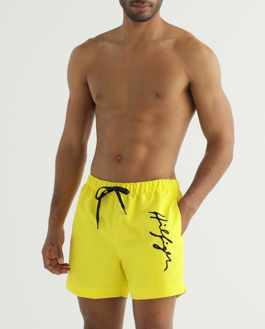 Hilfiger men's plain yellow swimming trunks with side embroidery ...