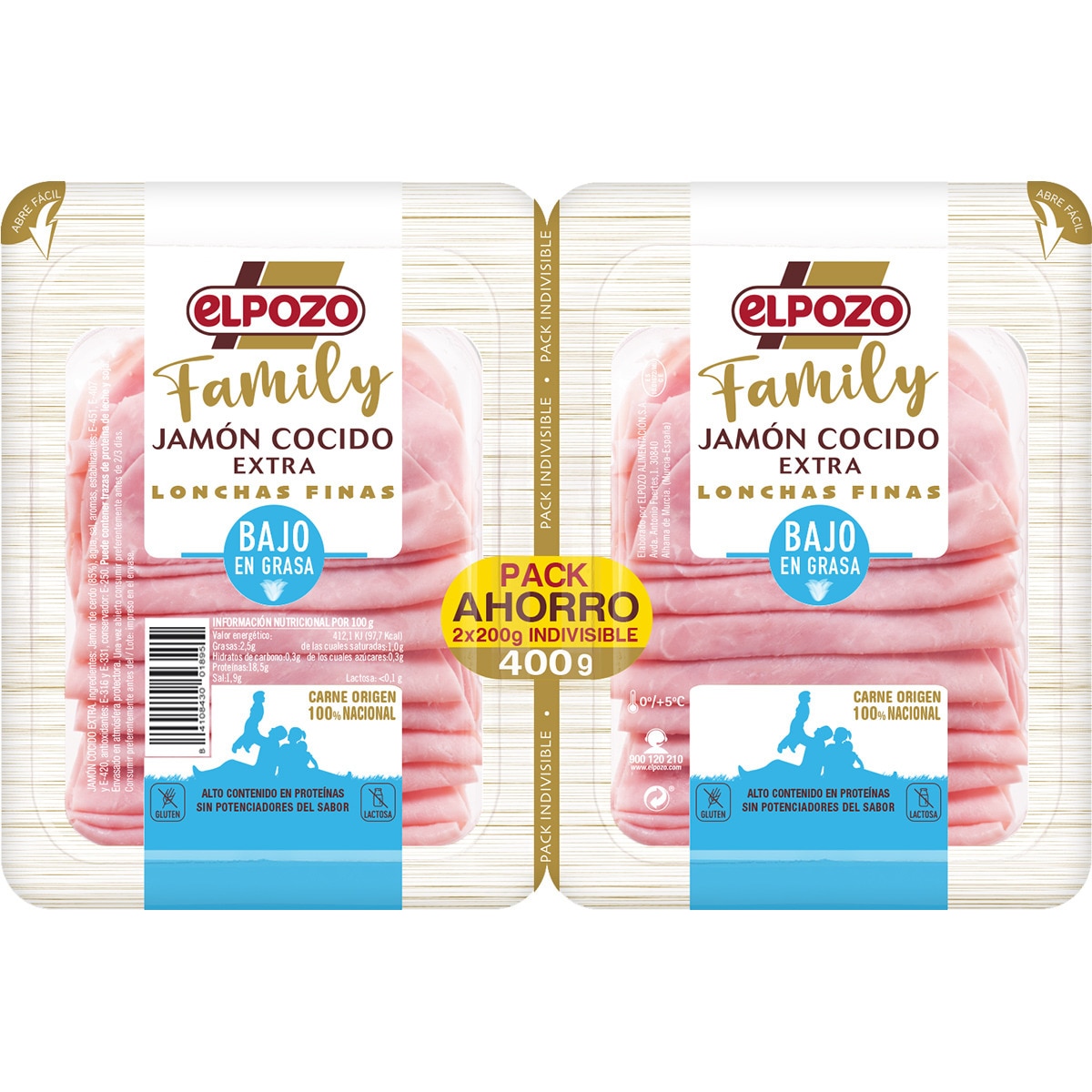 Family jamón cocido extra bajo en grasa en lonchas finas pack 2 x 200 g envase 400 g sin gluten sin lactosa pack ahorro - Elpozo