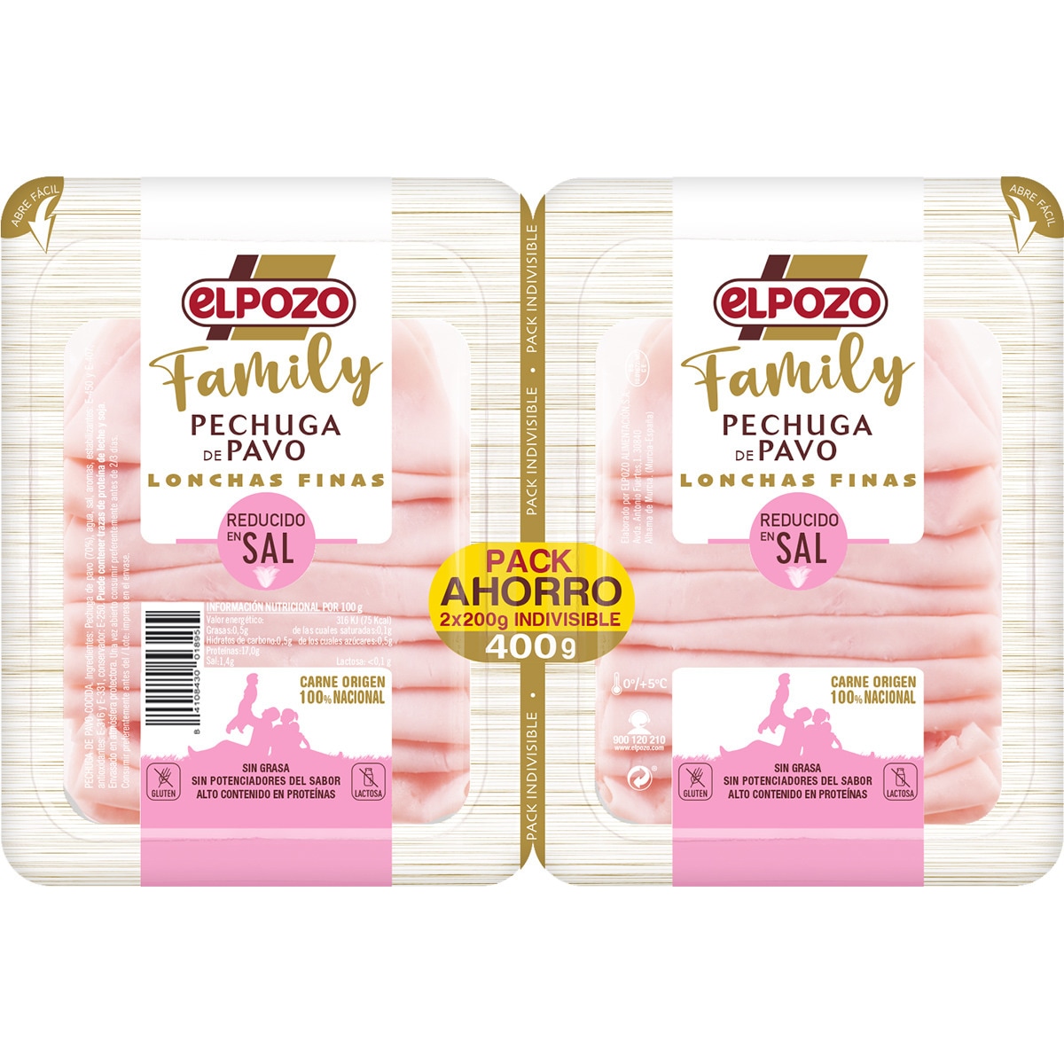 Family pechuga de pavo reducido en sal en lonchas finas pack 2 x 200 g envase 400 g Pack Ahorro sin gluten sin lactosa - Elpozo