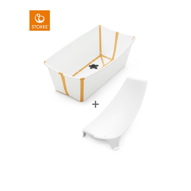 Bañera Plegable Stokke ® Flexi Bath con tapón sensible al calor y Soporte para recién nacido blanco/amarillo