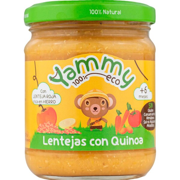 YAMMY tarrito de lentejas con quinoa ecológico y sin gluten desde 6 meses envase 195 g