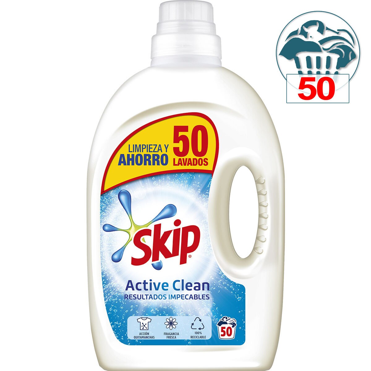 Active Clean detergente máquina líquido azul botella 50 dosis · SKIP
