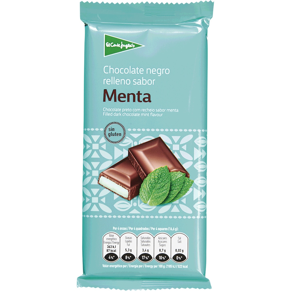 Chocolate Preto com Recheio de Menta sem Glúten embalagem 100 g · El