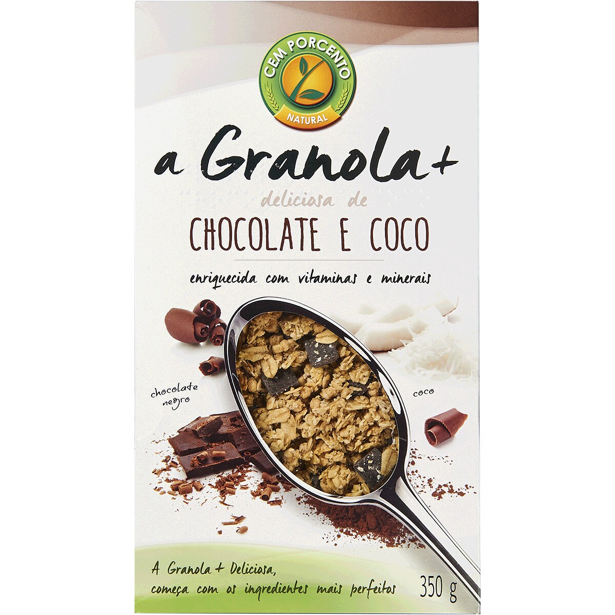 Granola de Chocolate e Coco embalagem 350 g · Cem Porcento