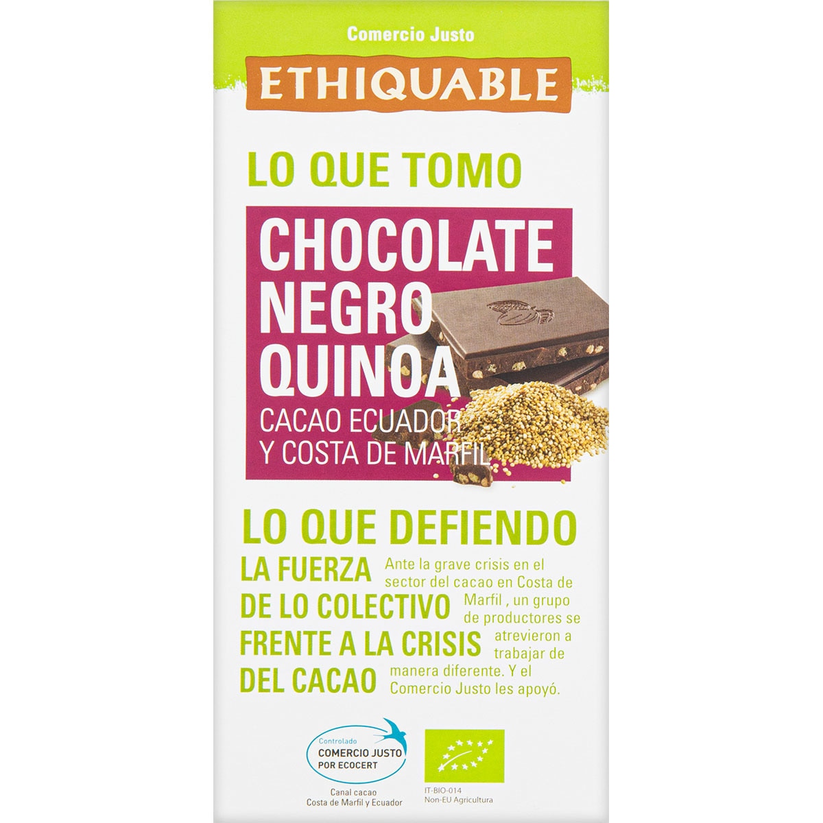 Organic dark chocolate from Ecuador and Ivory Coast with quinoa tablet