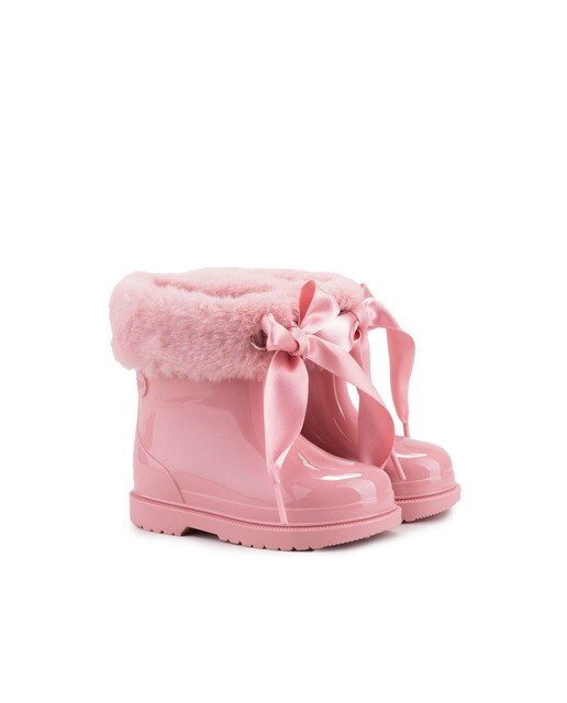 Botas de agua de bebé niña rosas con pelo y lazo