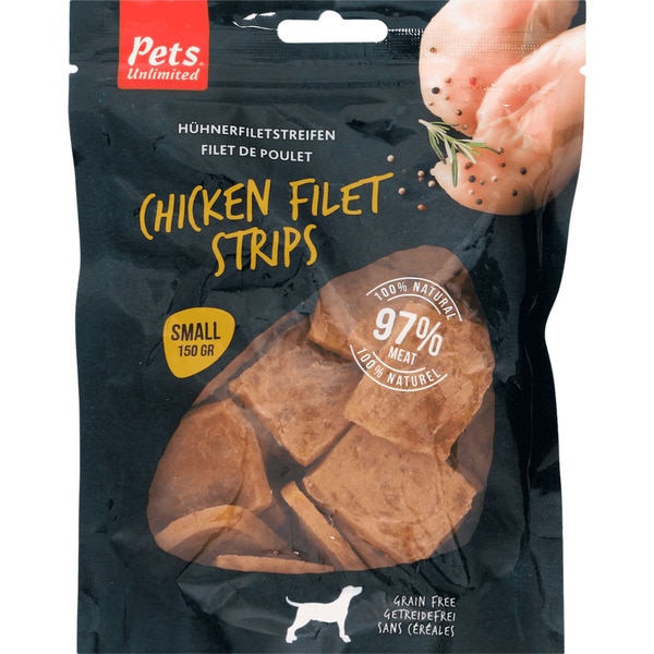 Kleine Snackstreifen für ausgewachsene Hunde Hähnchenfilets Grain Free Behälter 150 g