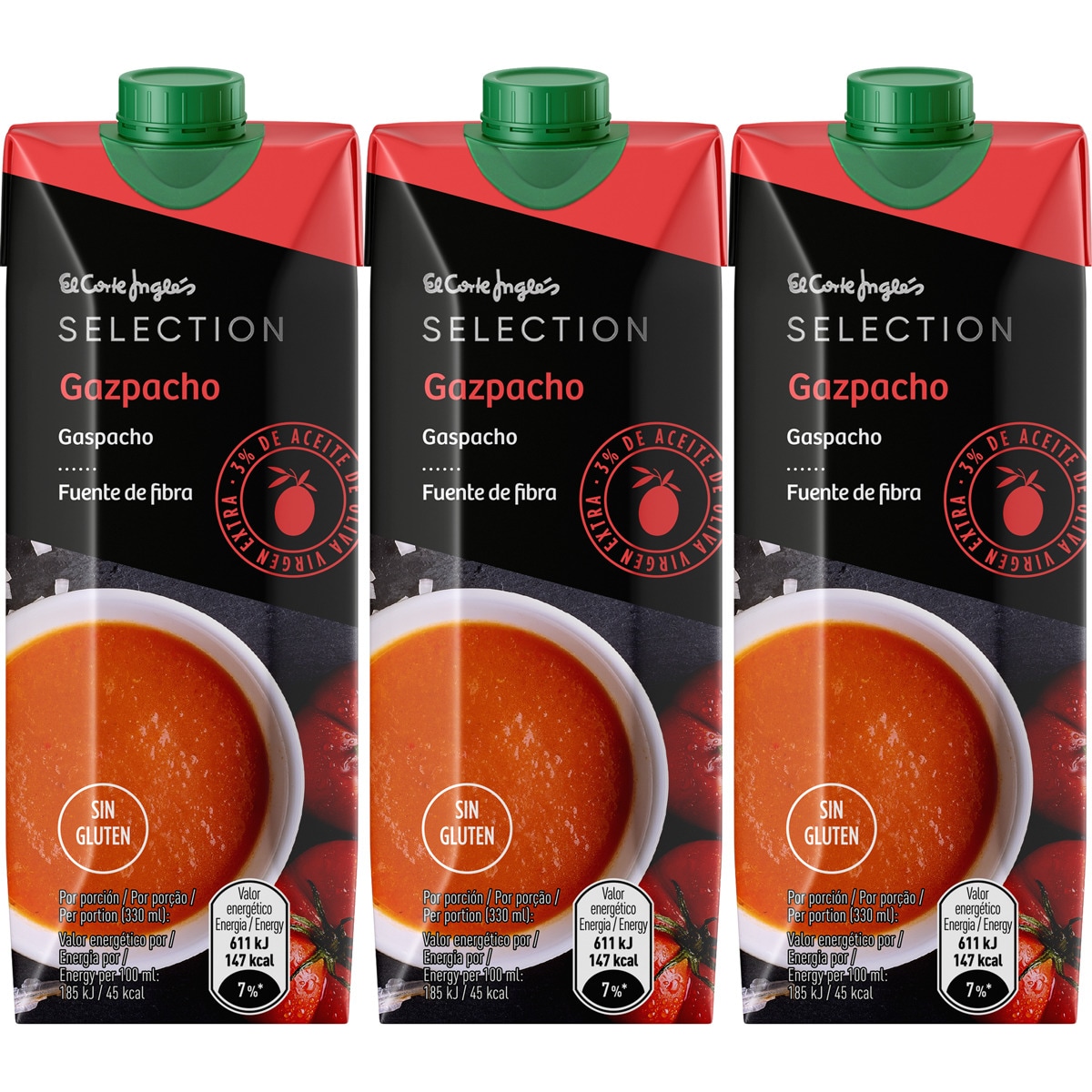 gazpacho con AOVE 3% sin gluten pack 3 unidades brik 330 ml · EL