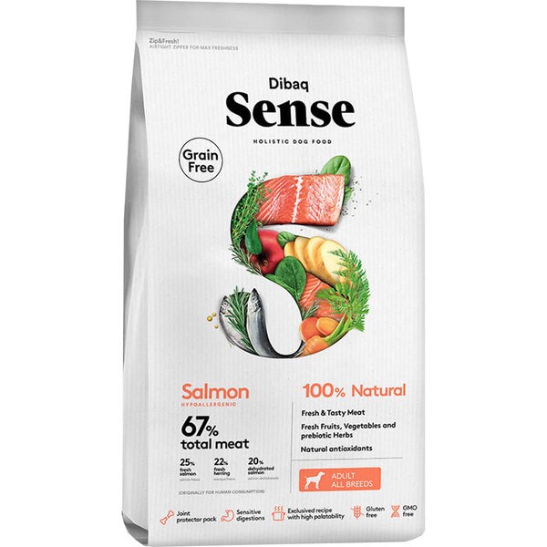 Sense Trockenfutter für ausgewachsene Hunde aller Größen No Grain mit Lachs Tasche 2 kg