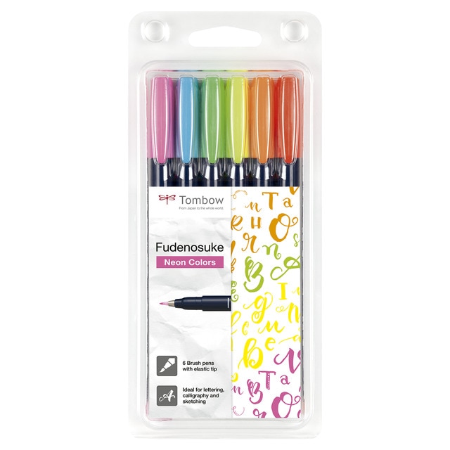Estuche 6 rotuladores caligrafía Fudenosuke Tombow colores neón.