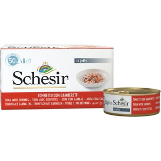 Schesir Adult atún con pollo y gambas sobre para gatos