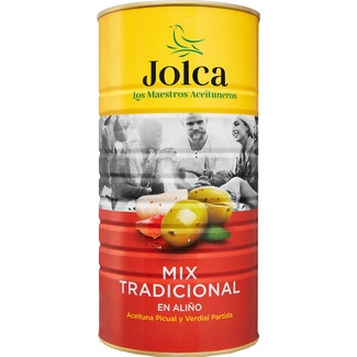 JOLCA Mix Tradicional aceitunas verdial y picual partidas en aliño lata 750 g neto escurrido