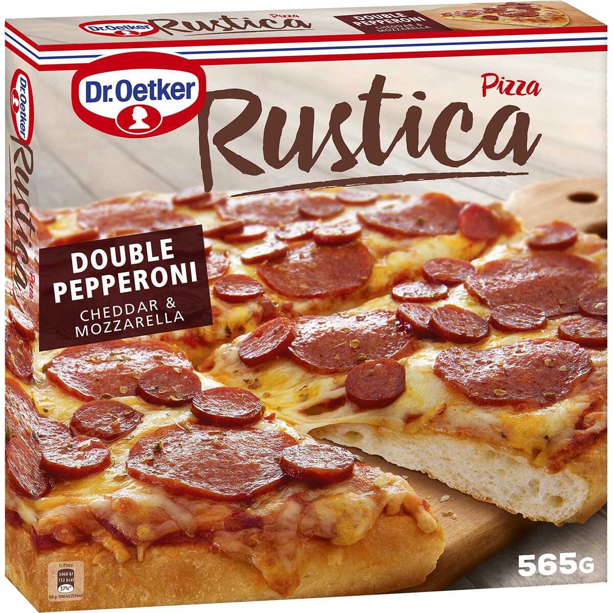 Rústica pizza doble pepperoni queso cheddar y mozzarella estuche 565 g
