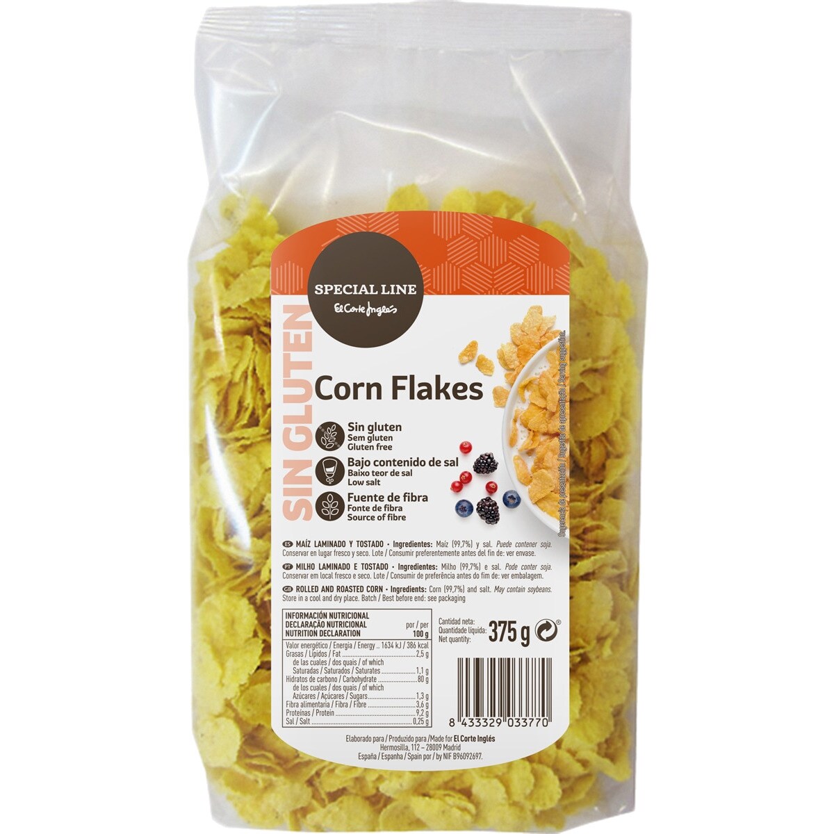 Corn Flakes sem Glúten embalagem 375 g · Special Line El Corte Inglés