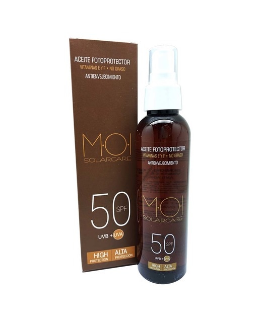 Aceite fotoprotector antienvejecimiento en spray spf 50 uvb + uva alta proteccion