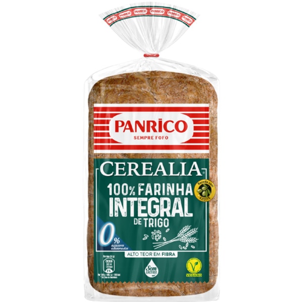 Pão de Forma Cerealia 100% Farinha Integral 0% Açúcares Adicionados Vegan sem Lactose embalagem 385 g
