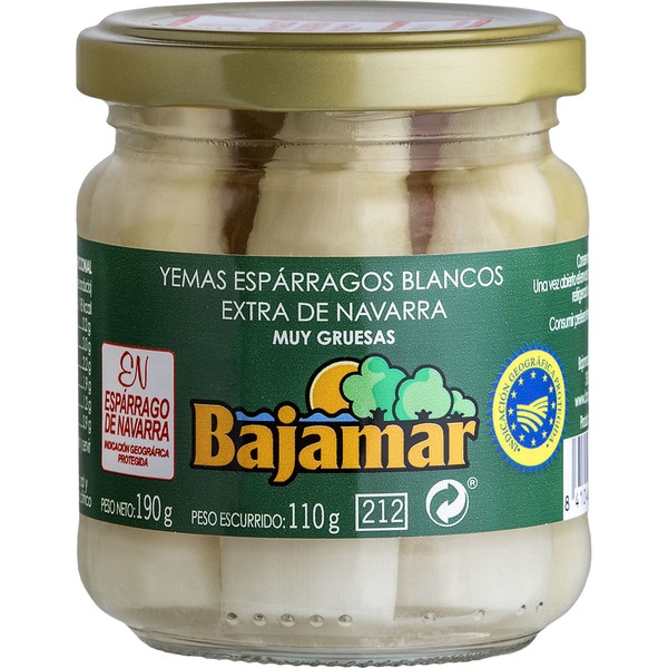 BAJAMAR yemas de espárragos blancos IGP de Navarra gruesas frasco 110 g neto escurrido