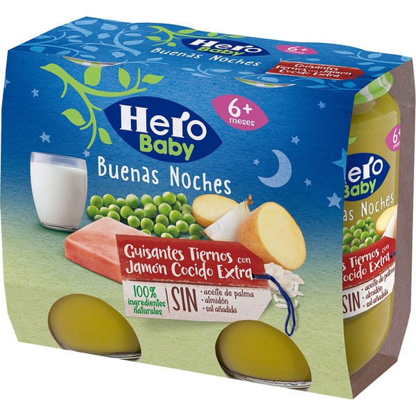 HERO BABY Buenas Noches tarritos de guisantes tiernos con jamón cocido sin gluten ni lactosa  pack 2 envases 190 g desde 6 meses