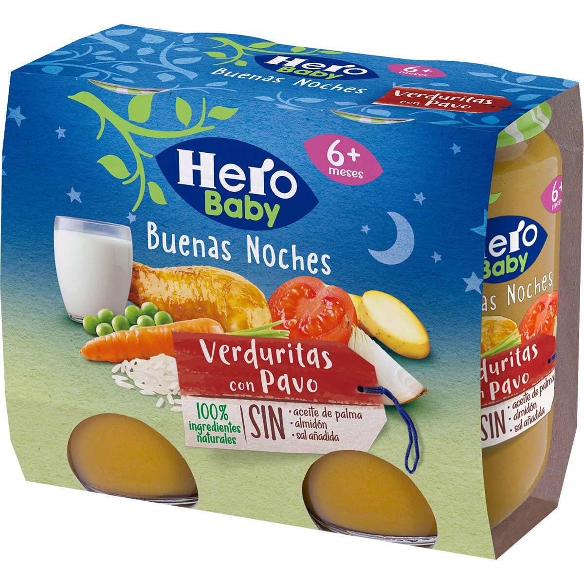 HERO BABY Buenas Noches tarritos de verduritas con pavo sin gluten desde 6 meses pack 2 envases 190 g