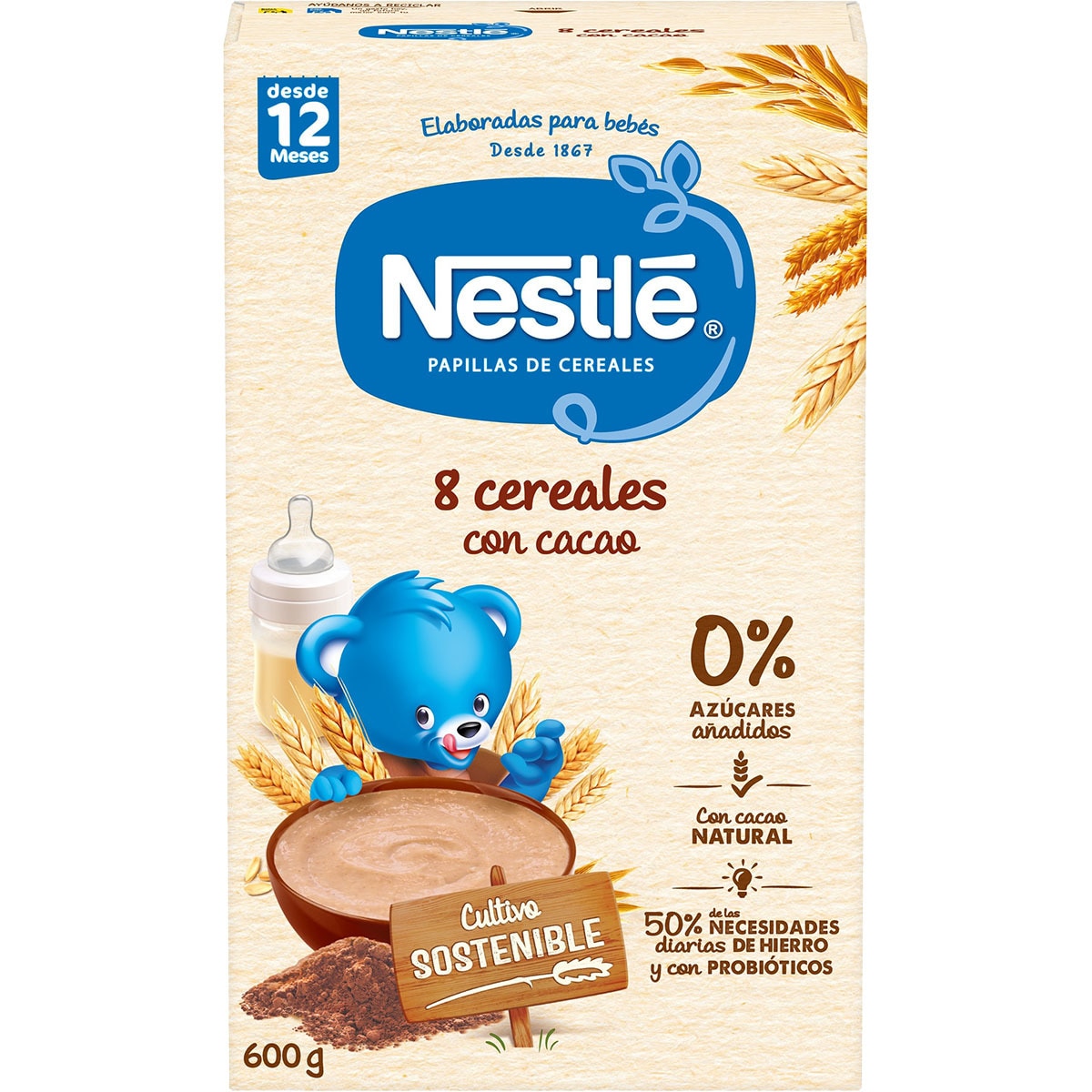 Baby food 8 grains with natural cocoa, 0 added sugar ages 12+ months container 600 g · NESTLE