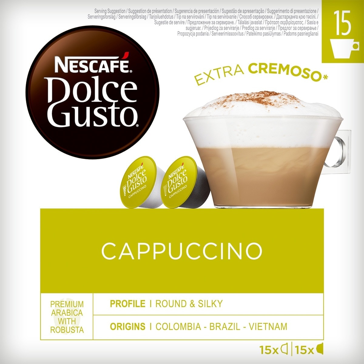 Nescafe Dolce Gusto - Estuche 15 Cápsulas De Café + 15 Cápsulas De Leche Nescafe Dolce Gusto Café Cappuccino Premium Arábica Y Robusta De Colombia, Brasil Y Vietnam.