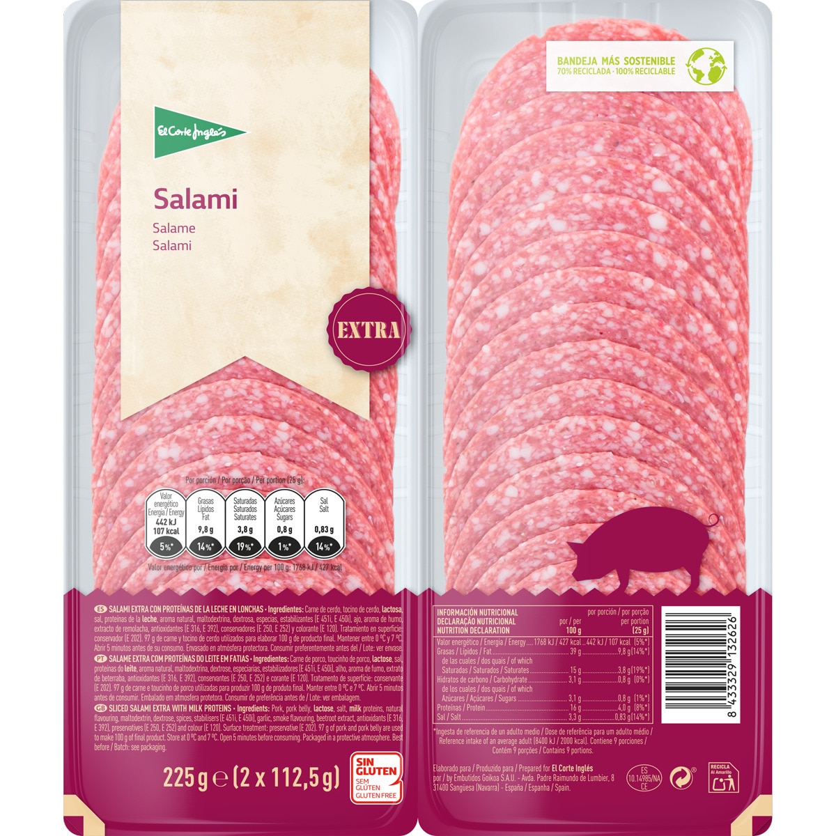 Salami extra en lonchas sin gluten pack 2 x 112,5 g envase 225 g · EL