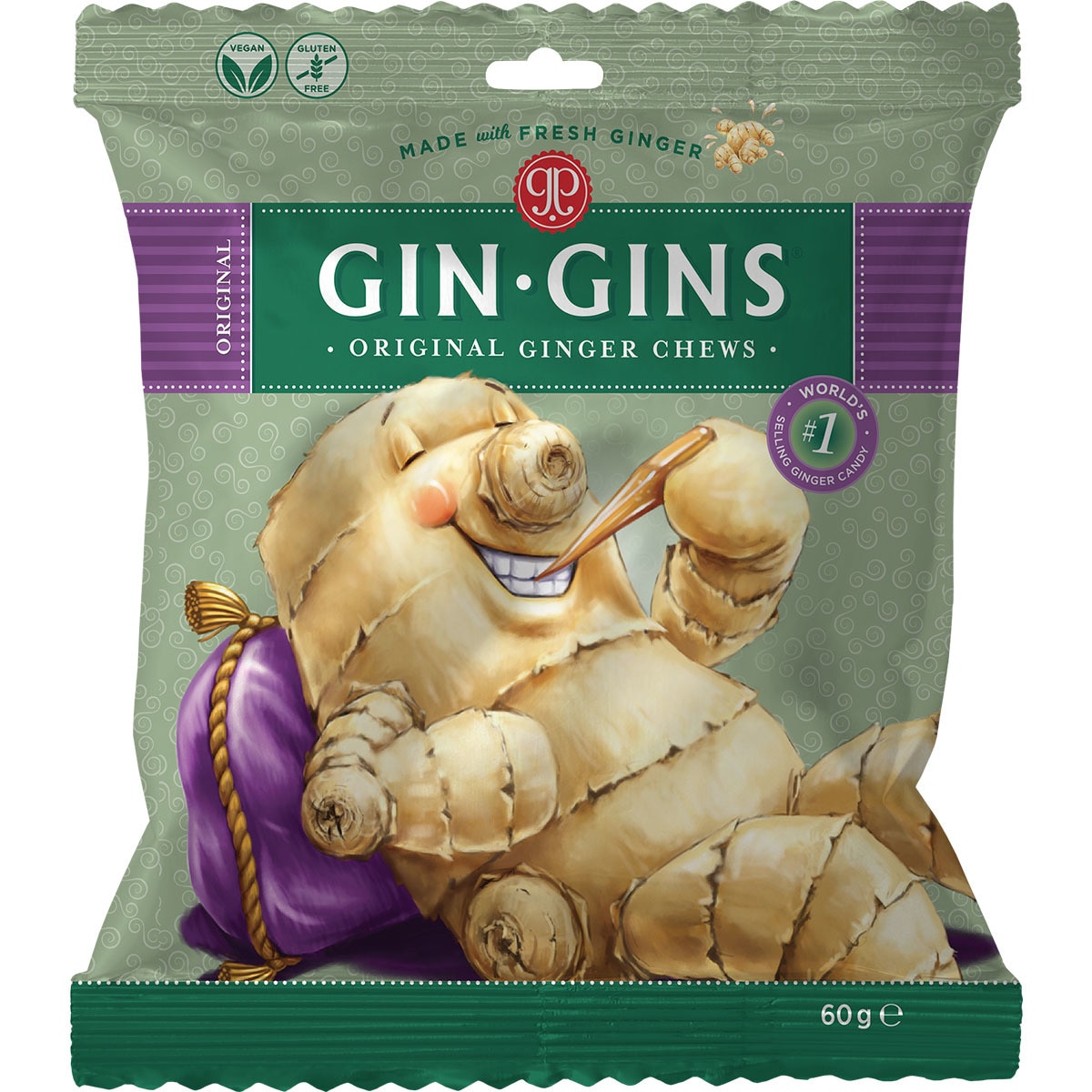 Originalflavour chewable ginger sweets bag 60 g · GIN GINS