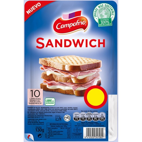 CAMPOFRIO fiambre de paleta cocida para sándwich en lonchas sin gluten sin lactosa envase 115 g