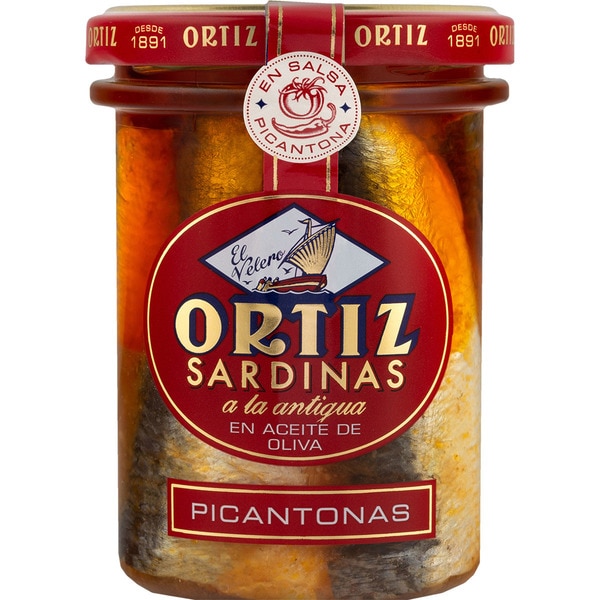 ORTIZ sardinas a la antigua en aceite de oliva picantonas frasco 140 g neto escurrido