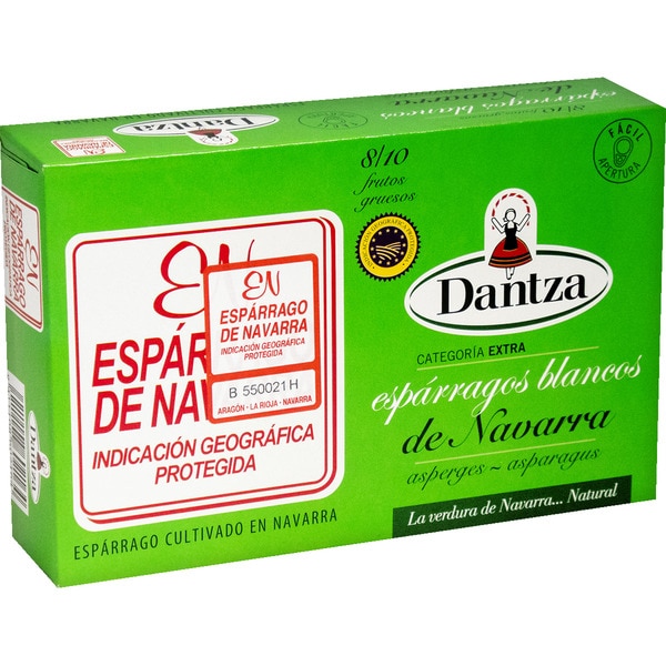 DANTZA espárragos blancos extra IGP de Navarra gruesos 8-10 piezas lata 220 g neto escurrido