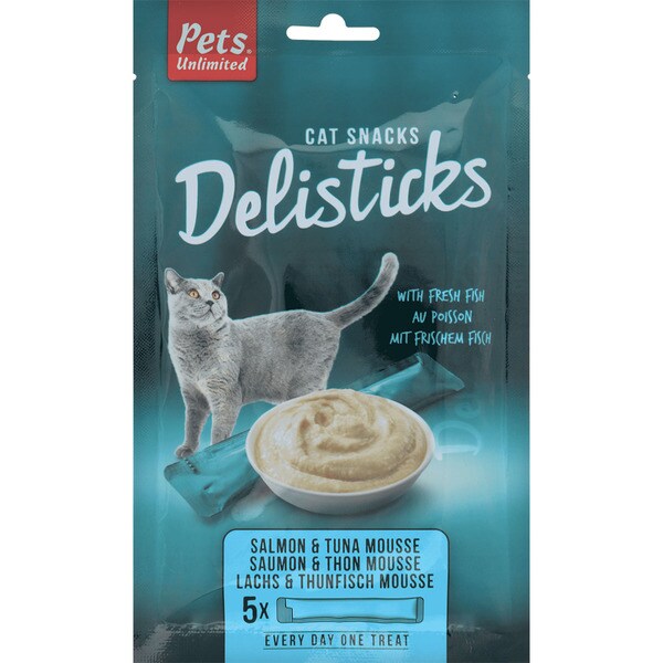 Delistick mousse cat snacks with salmon and tuna, box of 5 containers 15 g