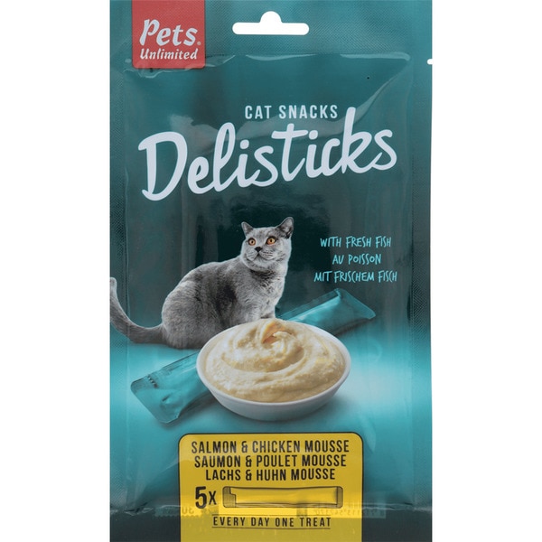 Delistick snacks para gatos en mousse con salmón y pollo caja 5 envases 15 g