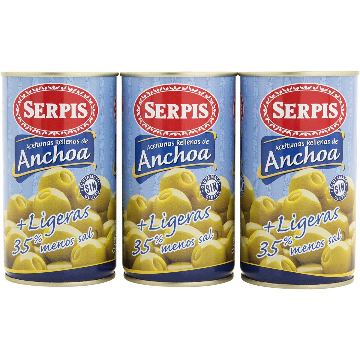 Anchovy stuffed olives + light 35 less salt 3pack tins 150 drained