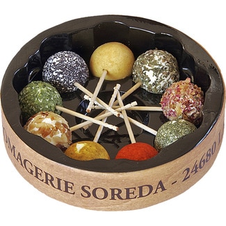 SOREDA mini brochetas de queso de cabra francés avellanas, semillas de amapola, jengibre, envase 90 g albahaca, pétalos de rosa, eneldo, curry,  pimentón dulce y cebollino 9 unidades