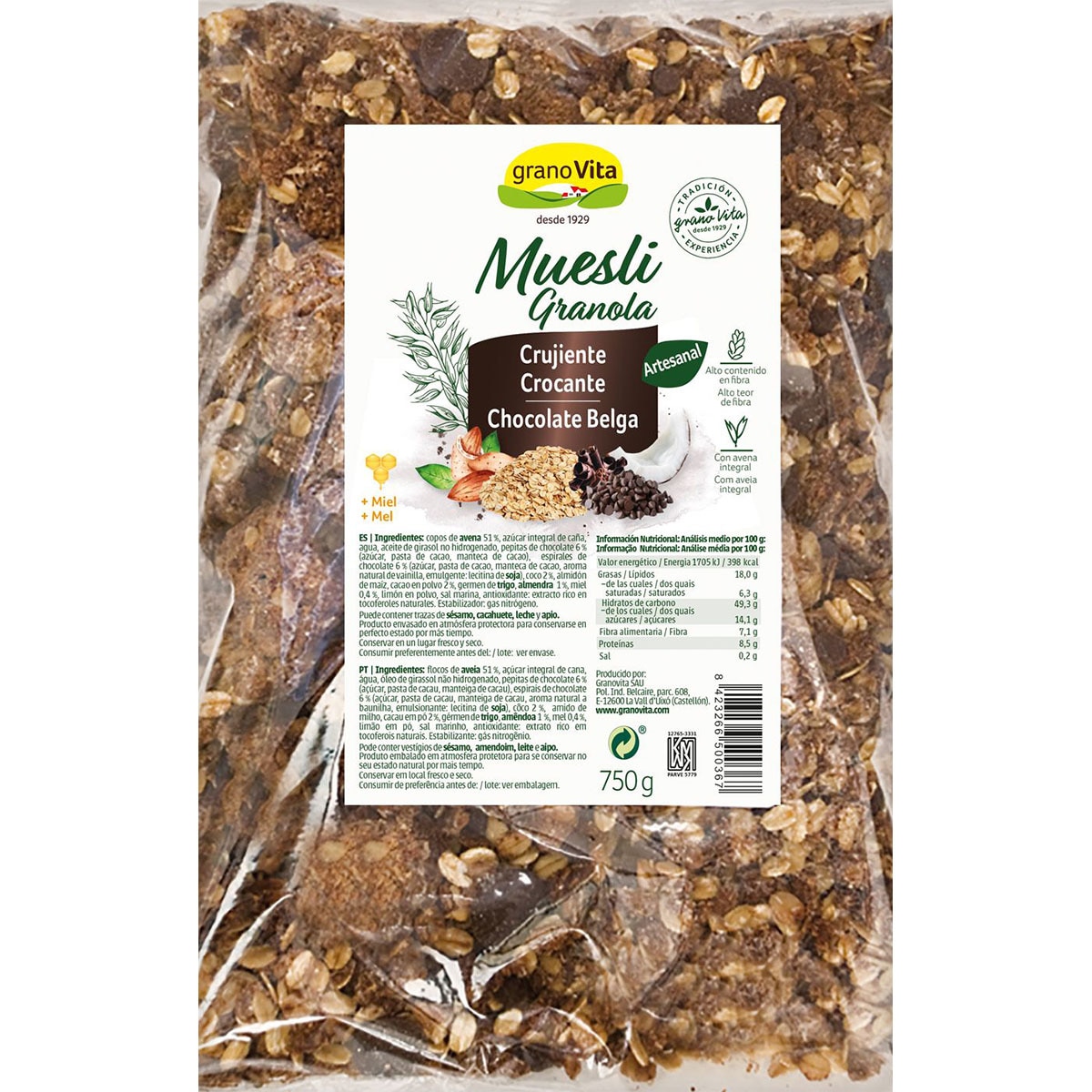 Crunchy granola muesli with Belgian chocolate bag 750 g · GRANOVITA