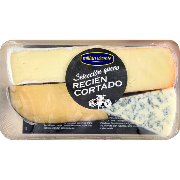 MILLAN VICENTE Selección tabla de quesos recién cortados elaborados con leche pasterurizada de vaca envase 400 g brie cremoso, gouda viejo, azul Danés y Saint  Paulin