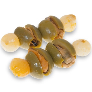 LA REAL aceitunas seleccionadas variedad gordal rellenas de mejillón con cebollita, pimiento, vinagre, sal, pimentón y especias